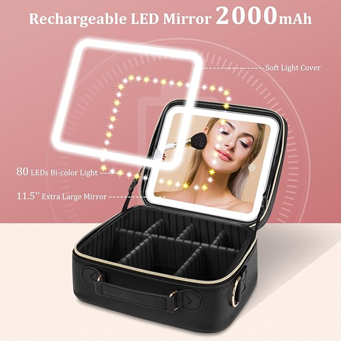 Makeup Bag with LED Mirror, [3 Color and Stepless Dimmable] Rechargeable LED Light for Makeup Bag Train Case with Brushes Storage Organizer, Travel Box Cosmetic Bag for Women - Black
