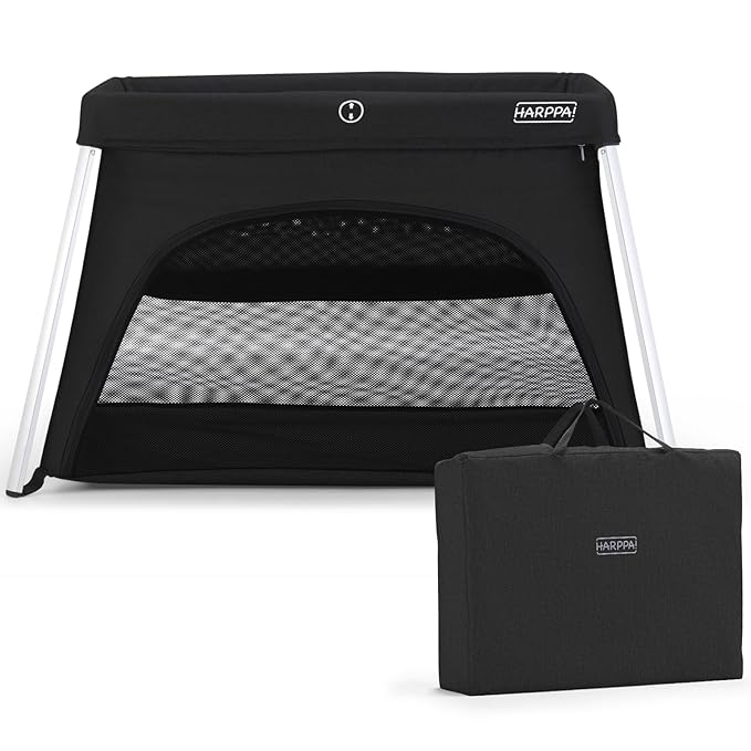 HARPPA Travel Crib with Comfy Mattress, Lightweight Portable Crib Requires No Assembly, Foldable Pack and Play for Baby and Toddlers, Compact Play Yard with Bed,Black