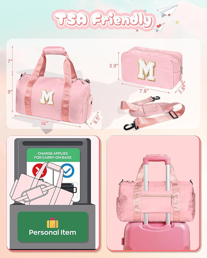 Ballet Dance Gifts for Little Girls-Girl Gym Bag with Shoe Compartment, Kid Weekender Ballet Bags, Initial Travel Tote with Makeup Pouch, Preppy Things for Kids Girls (Letter E)
