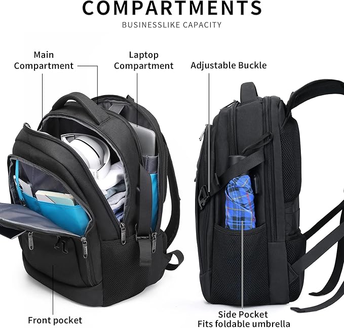 DUSLANG Anti-Theft Laptop Backpack, Black, 15.6-14-13 Inch Laptop Sleeve, USB Charging Port