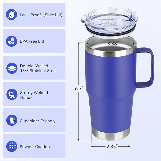HASLE OUTFITTERS 20oz Tumbler Bulk with Lid, Stainless Steel Tumbler Bulk with Handle, Metal Insulated Travel Coffee Mug Set with Handle, Double Wall Vacuum Leak Proof Tumbler Cup, Blue 12 Pack