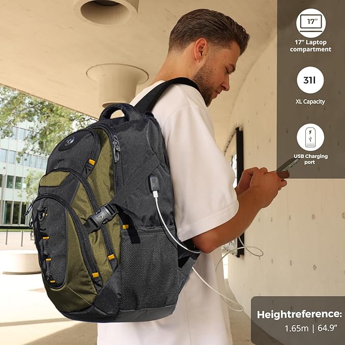 Swissdigital Design Laptop Backpack with USB Charging Port, TSA Travel Backpack Fits 15.6 inches Computer, 31L College School Backpack for Men, Olive/Black | SD803-26