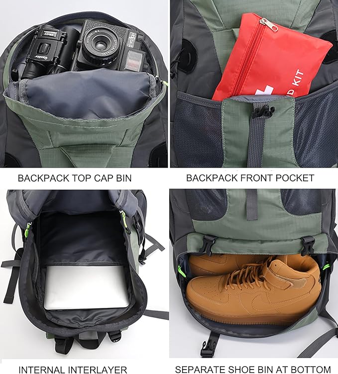 Bseash 50L Hiking Backpack, Water Resistant Lightweight Outdoor Sport Daypack Travel Bag for Camping Climbing Skiing Cycling (Army Green - With Shoe Compartment)
