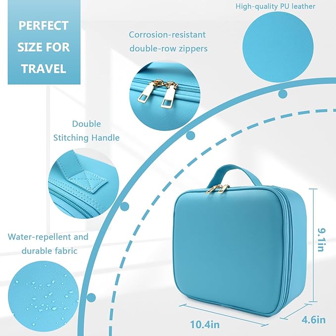 Travel Makeup Bag for Women and Makeup Artists Cosmetic Organizer Large Makeup Case,Travel Makeup Bag with Mirror 3 Color Setting,Portable Storage and Adjustable Dividers(blue)
