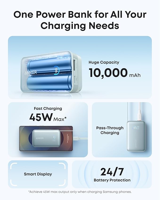Anker Nano Power Bank, 10,000mAh Portable Charger with 2.3 ft InstaCord Retractable Cable, 45W Max Compact Battery Pack, Smart Display, for iPhone 16/17 Series, iPad, Galaxy, Pixel, and More