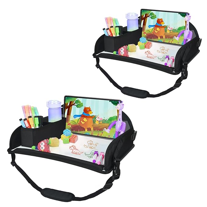 Upgraded Kids Travel Tray for Airplane - Toddler Car Seat Table Tray, Road Trip Essentials for Boys & Girls, Carseat Lap Desk for Kids Road Trip Activities, Black - 2 PCS