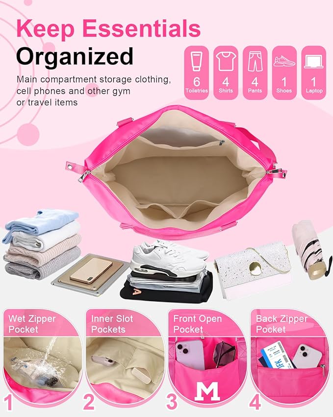 Overnight Bag for Kids Teen Girls Weekender Dance Bag Birthday Graduation Gifts,Initial Travel Duffel Bag Sports Gym Bag Personalized Weekender Bag Carry On Bags Preppy Gifts for Women(Hot Pink, M)