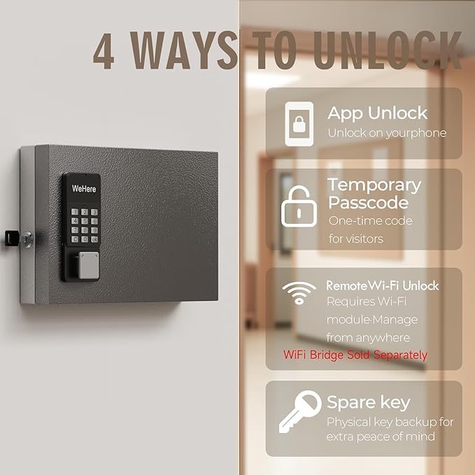 WeHere 16 Key Lock Box Wall Mount, APP Bluetooth/OTP/Wi-Fi/Fixed Code/Key Unlock, Smart Key Cabinet with Key Tag, Key Organizer Holder Box, Key Management Directory for Office, Valet, Realtor, Hotel