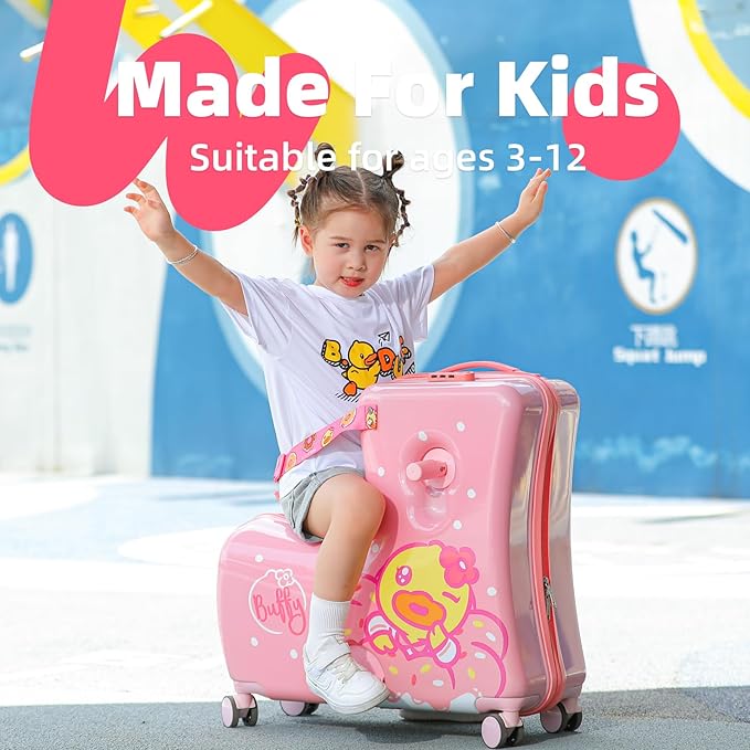 Kids' Lightweight Ride on Luggage with Spinner Wheels & Foldabe Design (Pink Donut, 20"+ Aged 1-3 Toddler)