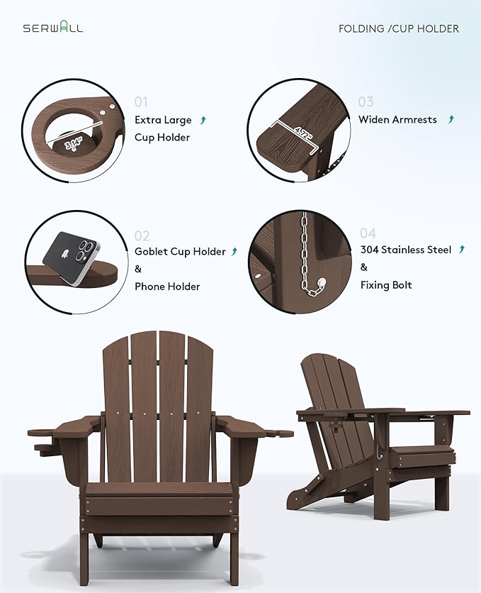 SERWALL Adirondack Chair with Cup Holders - Composite Adirondack Chairs Set of 6 HDPE Outdoor Chairs All Weather Use- Coffee