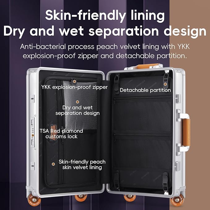 ROAMING 24 Inch Check Luggage Durable All Aluminum Hardshell Suitcase - Zipperless Luggages Airline Approved with 360° Spinner Wheels, TSA Lock, USB Port Smart Organizational Pockets （Silver orange）
