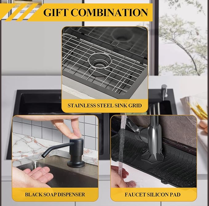 Black Kitchen Sink, Stainless Steel Drop In 33x22x9 Inch Single Bowl Topmount Kitchen Sink Combo-Stainless Grid,Soap Dispenser,Faucet Mat,Drain Strainer Set for Modern Style Kitchen&Bar
