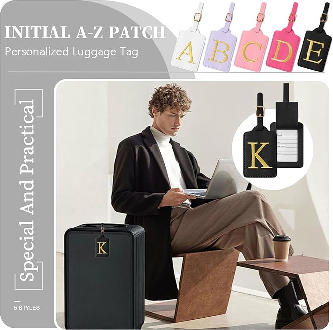 Personalized Initial Luggage Tags for Suitcase TSA Approved, Black Leather Cute Luggage Tag with Privacy Cover Name Card, Embroidered Custom Luggage Tags Travel Backpack Tags Gifts for Women Kids(K)