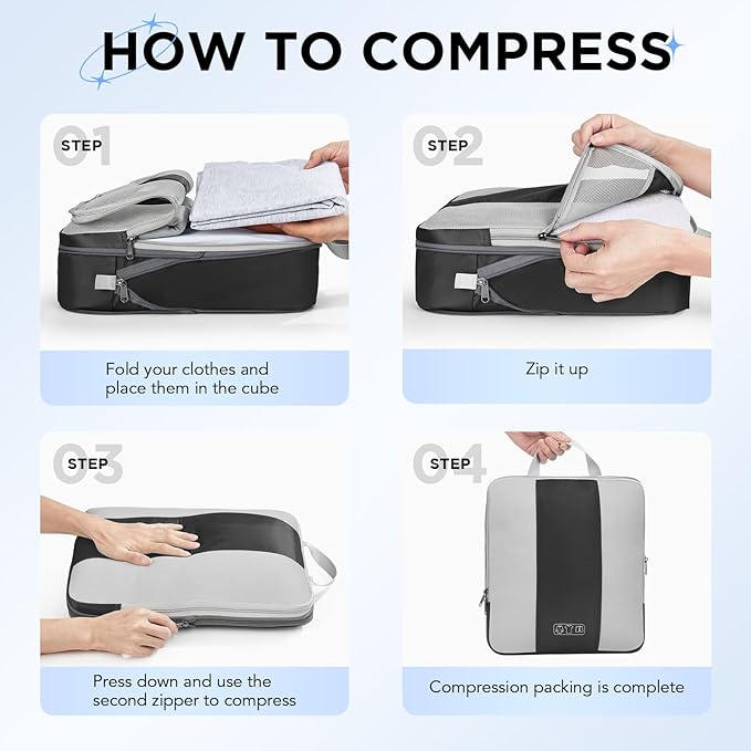 8 Set Compression Packing Cubes for Travel Essentials,Compressible Expandable Packing Cubes for Suitcase,OlarHike Luggage Organizer Bags for Travel,Handy Helper for Organizing Clothes(Black)