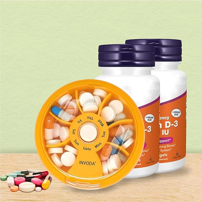 INVODA Weekly Pill Organizer 7 Compartment Rotating Pill Box for Daily Medication & Vitamins - Portable Travel Pill Case Fish Oil Supplements Vitamins Organizer (Orange+Bag)