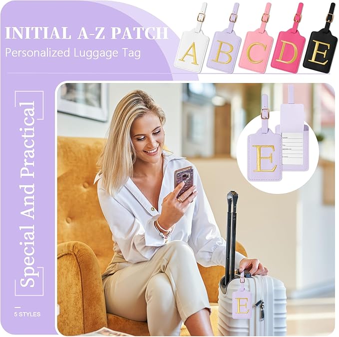 Personalized Initial Luggage Tags for Suitcase, Purple Leather Cute Luggage Tags with Privacy Cover Name Card, Embroidered Custom Monogrammed Luggage Tag Travel Backpack Tags Gifts for Women Kids(E)