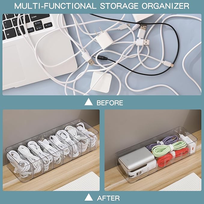 Yesesion Clear Plastic Cable Organizer Box with Adjustment Compartments, Desk Accessories Storage Case with 10 Wire Ties for Drawer, Office Supplies, Electronic Management, Battery and Charger