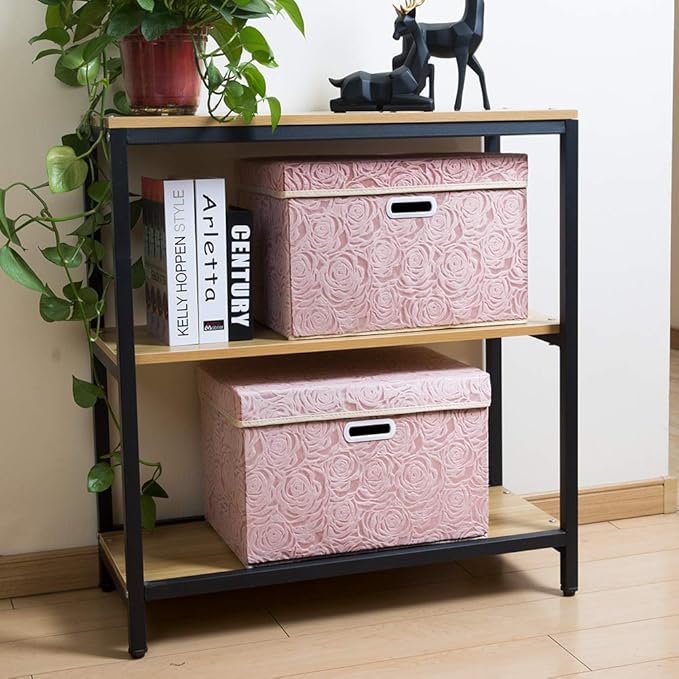 Prandom Larger Foldable Storage Boxes with Lid,Rose Pattern Fabric Decorative Storage Box,Cubes Organizers,Baskets with Handles,For Bedroom,Closet, Living Room,Pink,45x30x30cm[3-Pack]