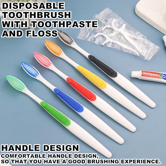 Disposable Toothbrushes with Toothpaste and Floss,200pcs Single Use Individually Wrapped Disposable Travel Toothbrushes and Dental Floss Kit Bulk for Homeless,Airbnb,Dentist,Hotel(5 Colors)