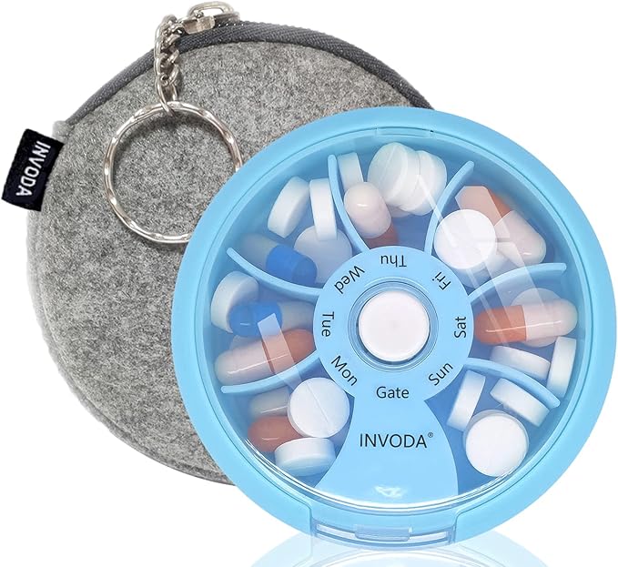 INVODA Weekly Pill Organizer 7 Compartment Rotating Pill Box for Daily Medication & Vitamins - Portable Travel Pill Case Fish Oil Supplements Vitamins Organizer (Blue+Bag)
