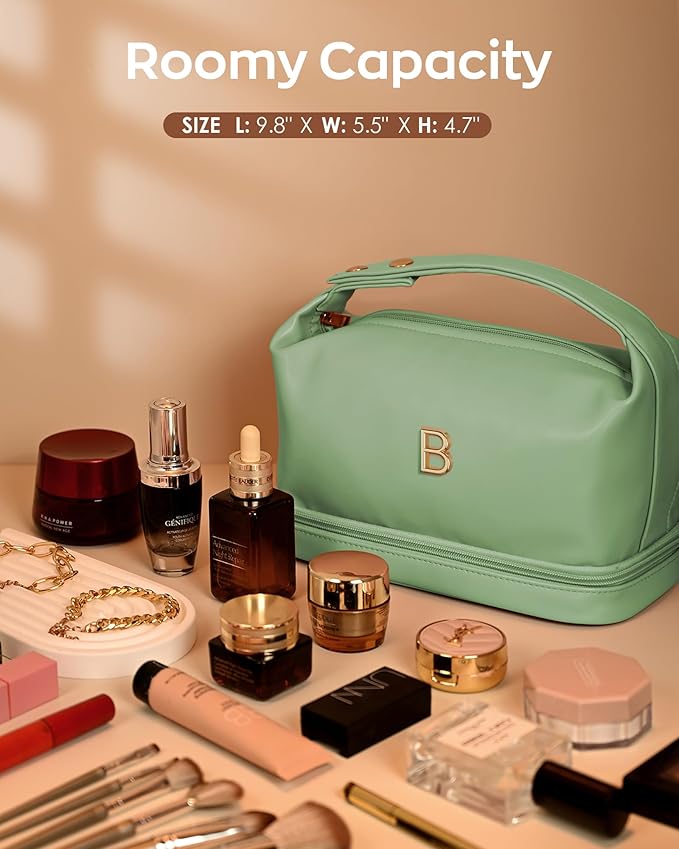 College Gifts for Women, Personalized Makeup Bag with Handle, Initial Double Layer Cosmetic Bag with Makeup Brush Organizer, Cute Cosmetic Pouch for Women, Gifts for Friends Female Mom