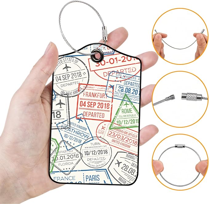 Luggage Tags for Suitcases, 2-Pack PU Leather for Cruise & Travel, Baggage ID Tags with Privacy Cover & Address Card, Durable Metal Ring, Kids Adults Travel Accessories, Global Stamps