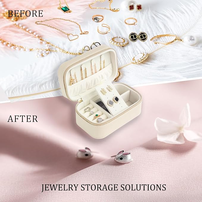 Small Travel Jewelry Case With PU Leather, Sturdy And Smooth Gold Metal Zipper, Perfect Size Suitable For Compact Jewelry Organizer Storage, Small Women's Jewelry Box Travel Accessories Beige