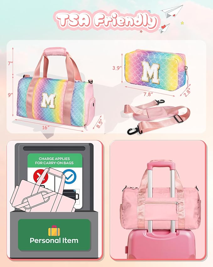 Graduation Gifts for Girls-Girl Gym Bag with Shoe Compartment, Kid Personalized Weekender Overnight Bags, Initial Travel Tote with Makeup Pouch, Gift Ideas for Niece Sister (Letter W)