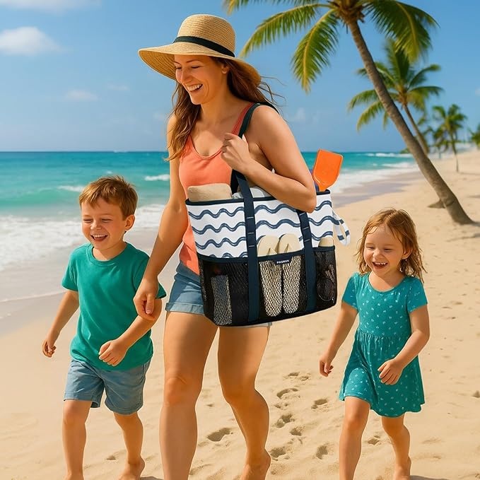 Beach Bag with Zipper - 8 Pockets Sandproof Beach Tote Bag for Women,Foldable Lightweight Family Swim Bag Vacation
