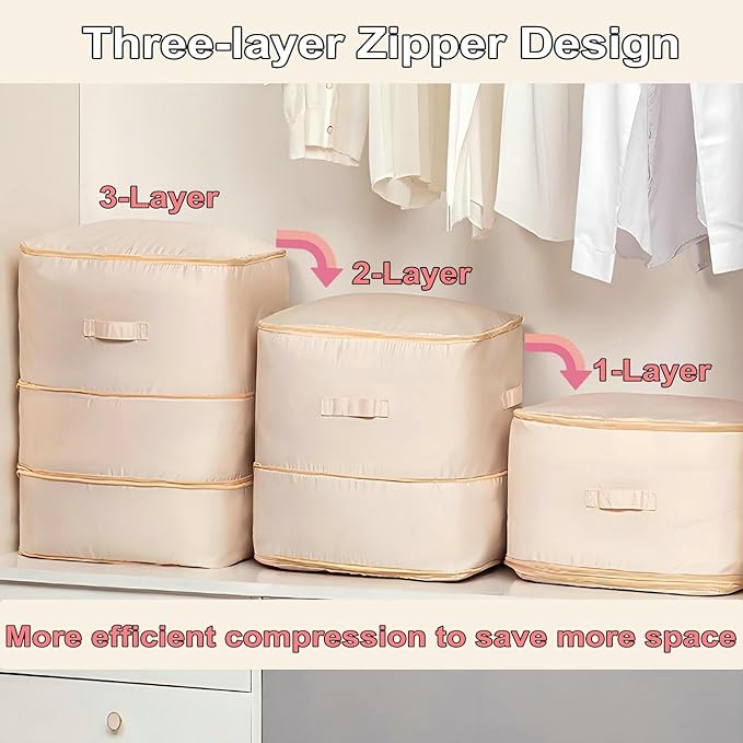 Ultra Space Saving Self Compression Organizer, 2025 New 3-Layer Zipper Large Capacity Storage Bag, Thick Satin Fabric Heavy Duty Bags for Comforters Blankets Bedding Duvet (Beige, X-Large, 21x17x24in)