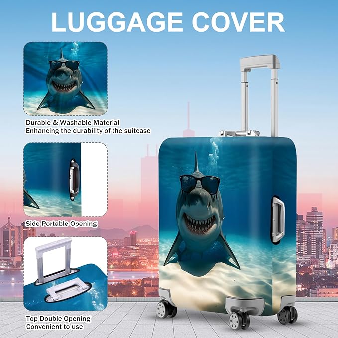 ANNA QUEEN Cool Shark Luggage Cover, Sunglass-Wearing Shark Underwater Design, Stretchable, Washable Travel Protector for 32-34 Inch Luggage