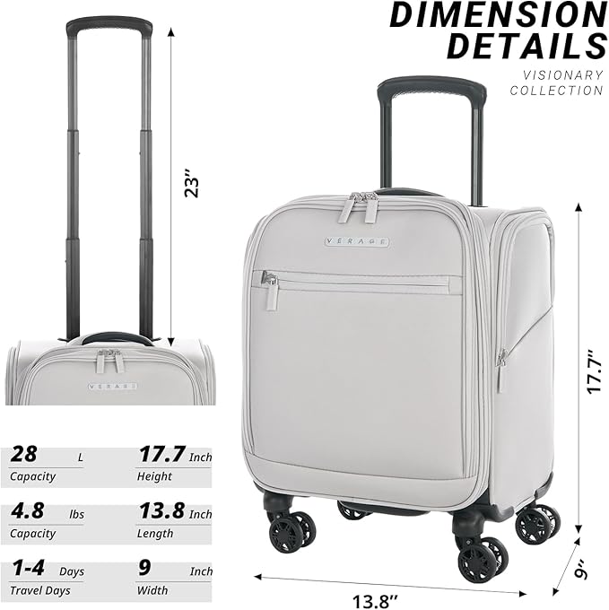 Verage Under Seat Luggage with Wheels, Softside Small Suitcase Spinner Carry On Luggage Bags for Airlines Airplanes Short Trip Men Women (Cloud Gray, 14.5-Inch Plus Underseat)