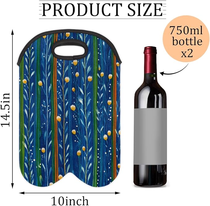 Neoprene Wine Tote, Bottle Carrier Gag Insulating Neoprene Thicker, Insulated Wine Bag for Travel Holds Two Bottles, Bottle Carrier Bags Protect the Bottles, Line Flower