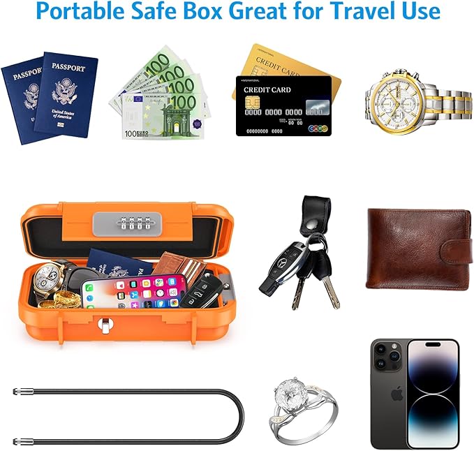 AMIR Portable Combination Lock Box, Security Case Lock Box with Code, Waterproof Anti-Theft Mini Travel Safe Box with Removable Chain, Portable Lock Box for Dorm Beach Hotel