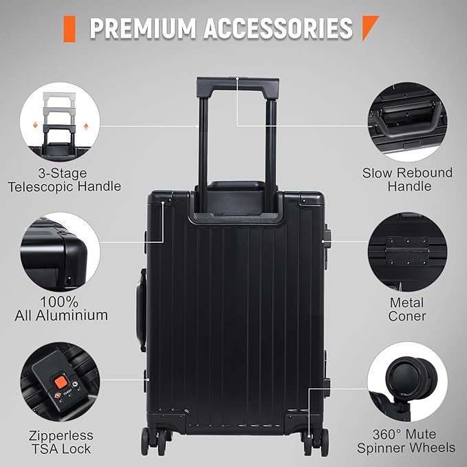 UrbanExplorer 24Inch All Aluminum Check In Luggage Heavy Duty Hard Shell Suitcases with Spinner Wheels, Zipperless Suitcase with TSA Lock, Large Luggage for Business Travel, Black