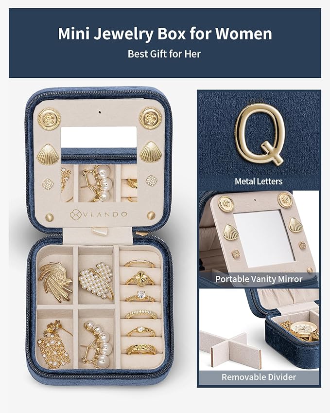 Vlando Travel Jewelry Organizer for Women, Travel Jewelry Organizer, Necklace Organizer Earrings Ring Organizer, Jewelry Travel, Travel Gifts for Women Travel Essentials - Letter Q, Periwinkle Blue