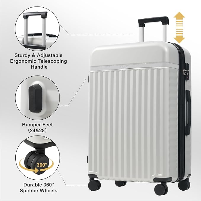 Merax Luggage Sets, Durable Hardshell 3 Piece Suitcase with Double Spinner Wheels and Handle Bags,Lightweight Carry on Luggage with TSA Lock,20+24+28 inches,White Grey