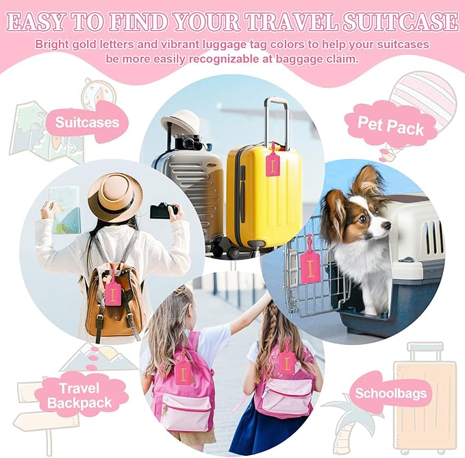 Personalized Initial Luggage Tags for Suitcase, Rose Red Leather Cute Luggage Tags with Privacy Cover Name Card, Embroidered Custom Monogram Luggage Tags Travel Backpack Tag Gifts for Women Kids(I)