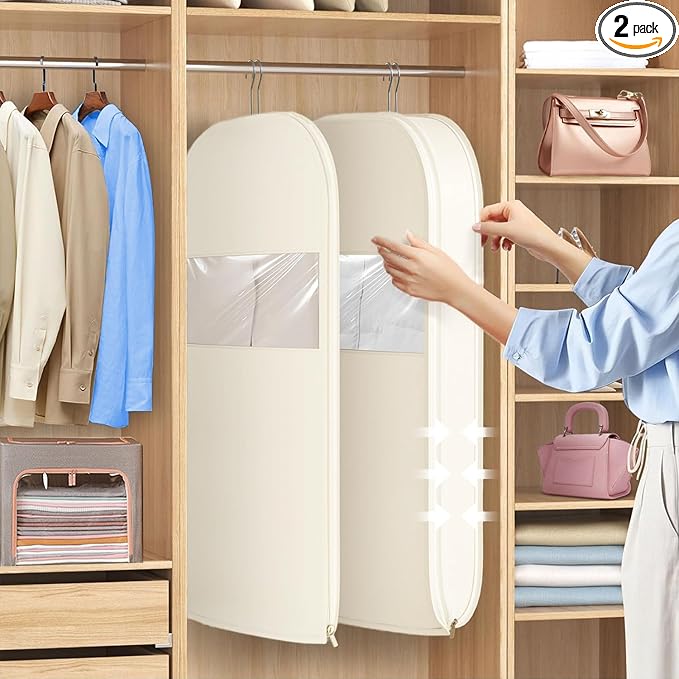 2 Pack Space Saving Garment Bag with Self Compression Zipper, Garment Bags for Hanging Clothes, Compression Bags for Storage, Hanging Garment Bag for Coats and Down Jackets (M, Beige)
