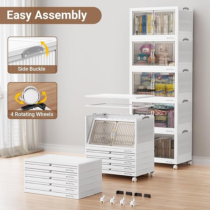 BROVIEW 300Qt Stackable Storage Bins with Lid, Extra Large Closet Organizer Collapsible Drawer Boxes with Wheels, Folding Plastic Cabinet Containers for Home Kitchen Room Organization, 3Pack White