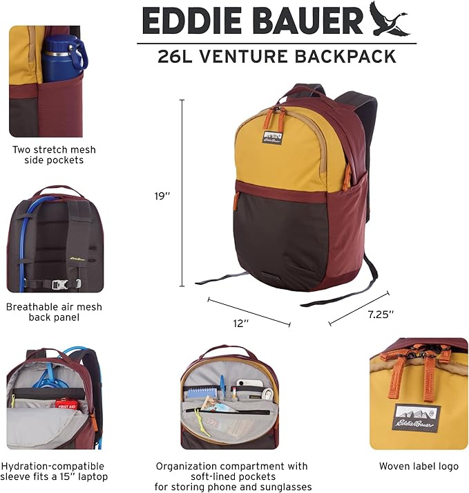 Eddie Bauer 26L Venture Backpack, Hydration and Laptop Compatible Daypack, Carbon Black