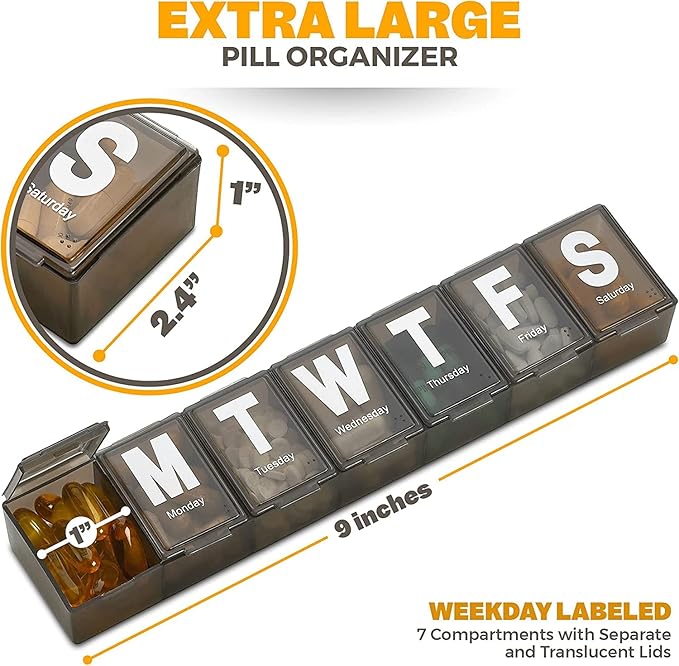 Weekly Pill Organizer - (Pack of 4) Extra Large Vitamin Container with Jumbo Easy to Read Letters, BPA Free - Daily Travel 7 Day Medication Pill Box Case, (Black)