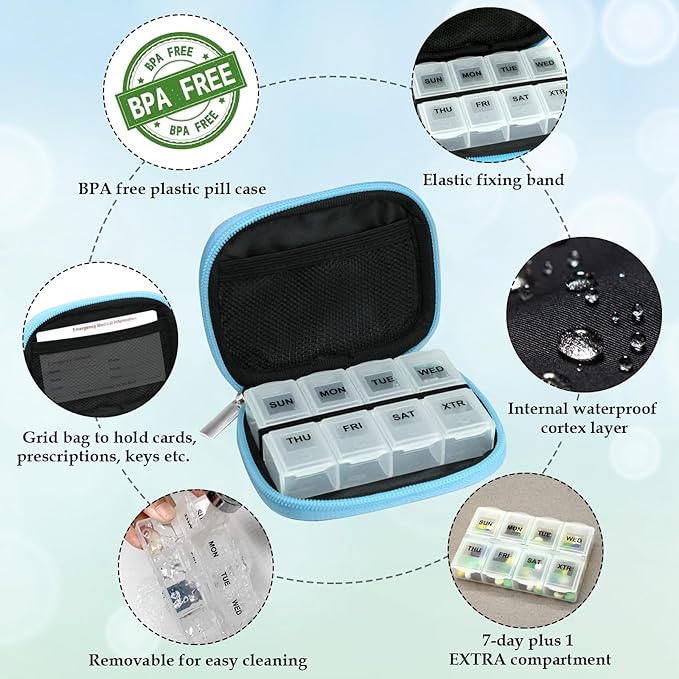 Serfeymi Weekly Travel Pill Organizer Pill Case for Purse with Removable 7 Day Pill Box, Fashionable Travel Medicine Organizer Pill Container for Medicine, Vitamin - Blue 03