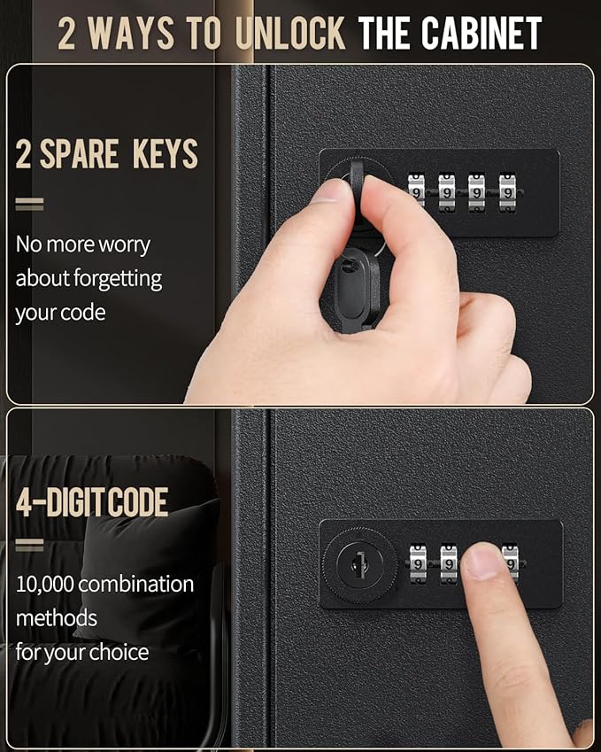 Uniclife 100 Position Slotted Key Cabinet with Combination & Key Lock Resettable Black Digital Security Storage Box Steel Key Organizer with Slotted Racks White Key Tag Labels and Permanent Pen