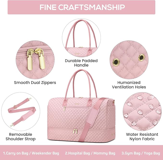 Travel Duffle Bag for Women Weekender Overnight Bag with Shoe Compartment with Gym with Wet Pocket for Labor and Delivery 3 Pcs Set Pink