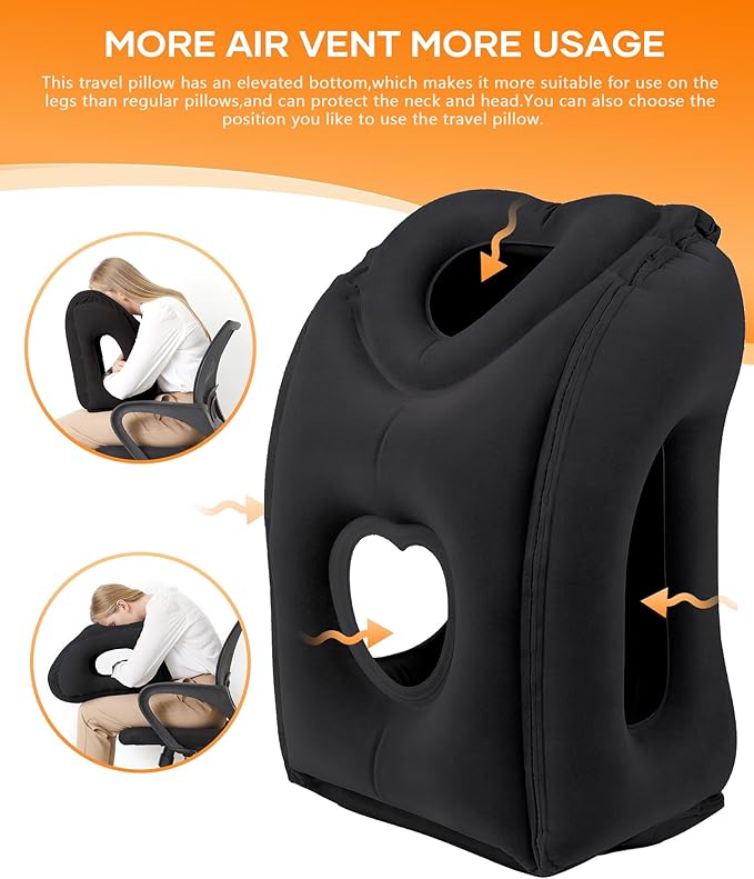 Sunany Travel Pillow, Upgraded Plane Pillow for Long Flights, Inflatable Neck Pillow Used for Airplanes,Cars,Buses,Trains,Office Napping with Eye Mask,Earplugs (Black)