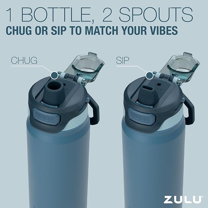 ZULU Powerfill Pro 24oz Stainless Steel Water Bottle with Quick Fill Lid, Triple Walled Vacuum Insulated Metal, Leak Proof Locking Lid, Sip and Chug, Reusable BPA Free, Ash
