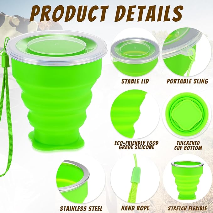 12 Pcs Silicone Collapsible Cup 7.04 oz Folding Camping Travel Collapsible Coffee Cup Portable Reusable Expandable Drinking with Lids for Outdoor Hiking