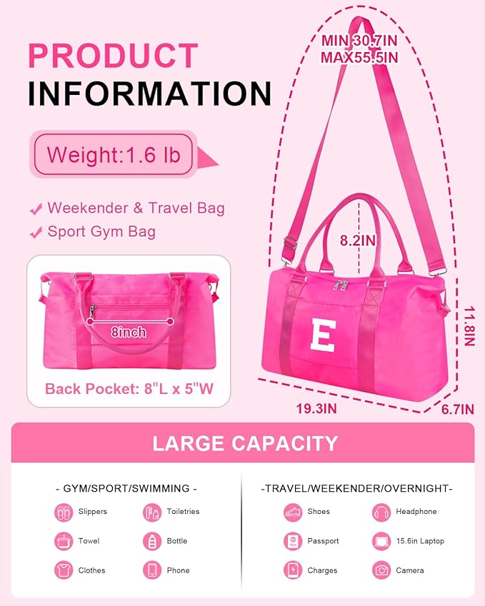 Overnight Bag for Kids Teen Girls Weekender Dance Bag Birthday Graduation Gifts,Initial Travel Duffel Bag Sports Gym Bag Personalized Weekender Bag Carry On Bags Preppy Gifts for Women(Hot Pink, E)