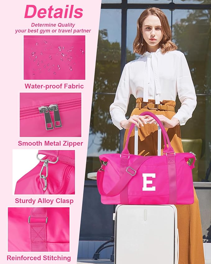 Overnight Bag for Kids Teen Girls Weekender Dance Bag Birthday Graduation Gifts,Initial Travel Duffel Bag Sports Gym Bag Personalized Weekender Bag Carry On Bags Preppy Gifts for Women(Hot Pink, E)